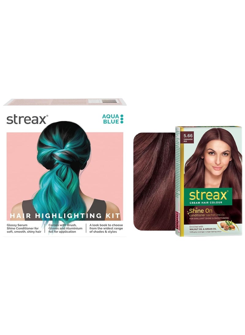 Streax Permanent Hair Colour, 100% Grey coverage, Infused with Argan and Walnut Oil Hair Colour Highlight Kit | Blue Hair Colour, Aqua Blue - Pack of 1, Streax Permanent Hair Colour Red Hair Colour, 5.66 Cinnamon Red, 120 ml, Pack of 1 - Image 1